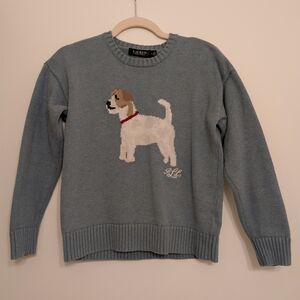 Ralph Lauren Slate Blue Crewneck Sweater with Dog Intarsia